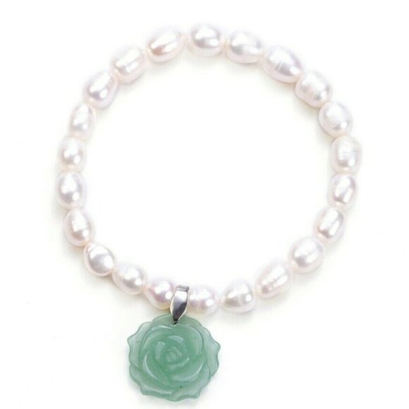 Rose Carved Green Aventurine and Freshwater Pearl bracelet & Collar Neck… - Picture 5 of 11